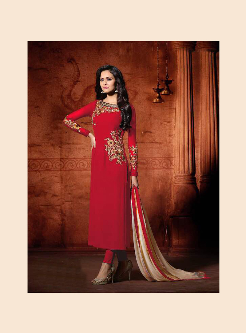 Red Georgette Straight Cut Suit 94770