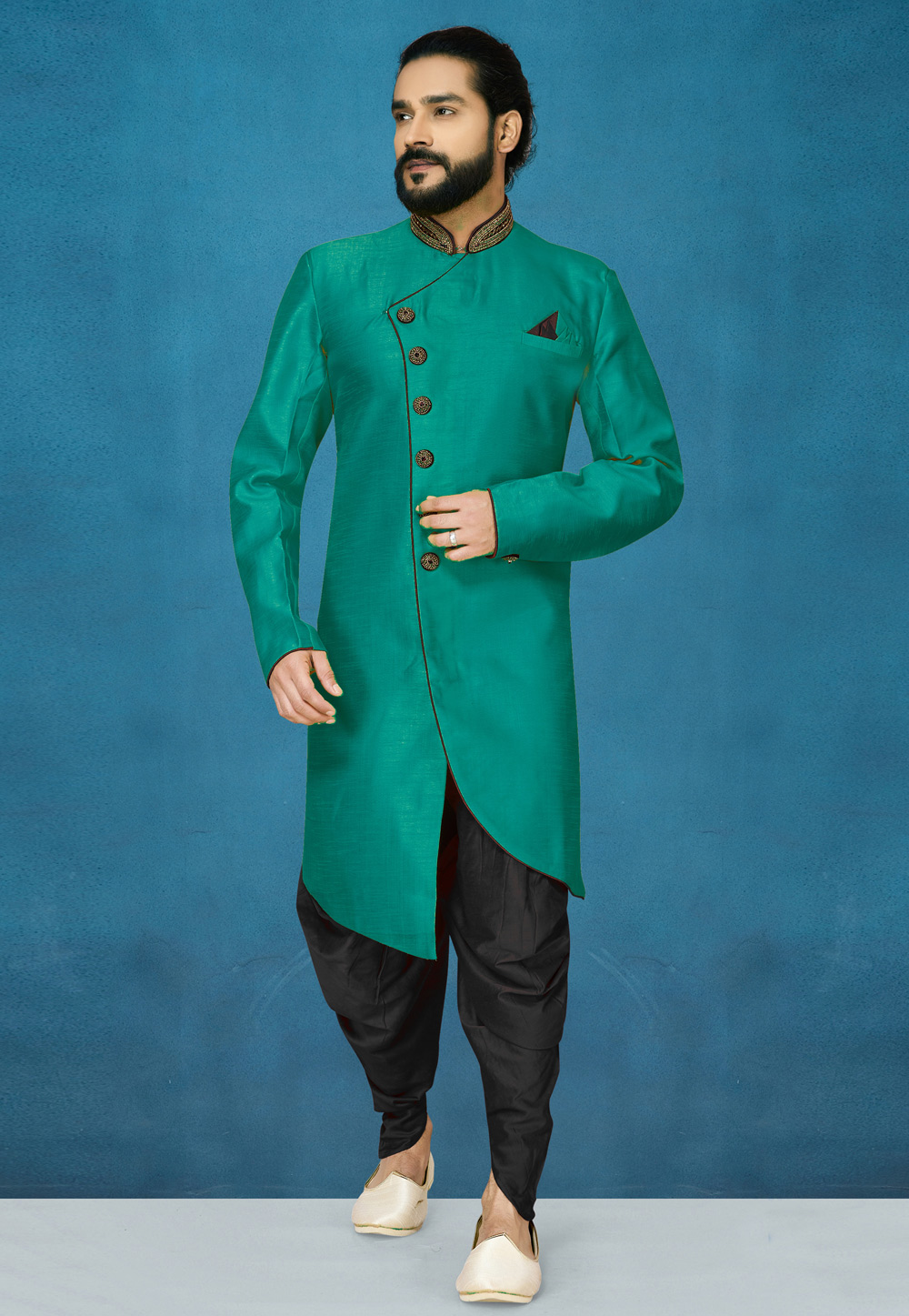 Sea Green Art Silk Indo Western Suit 244623