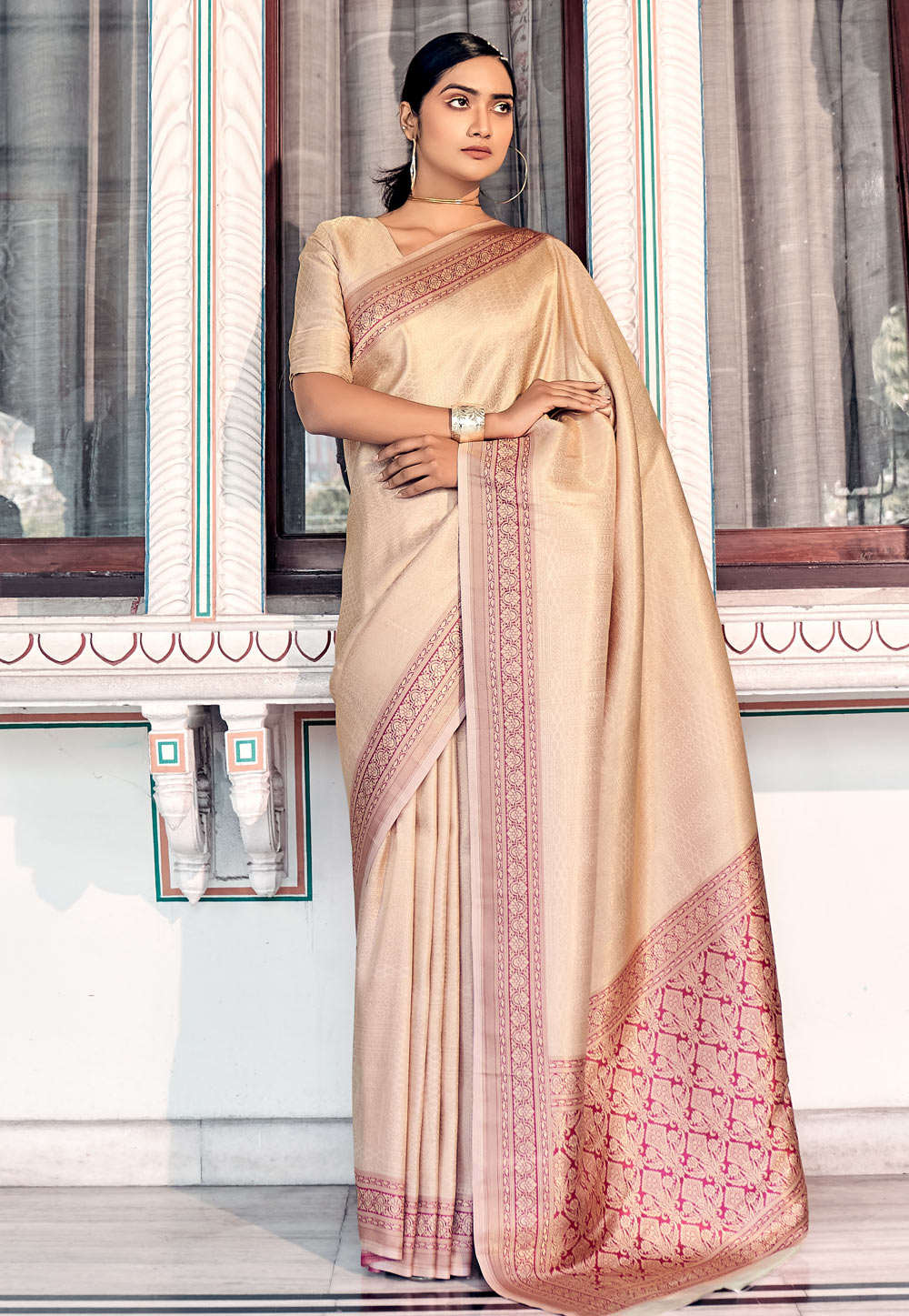 Beige Kanjivaram Silk Saree With Blouse 274876