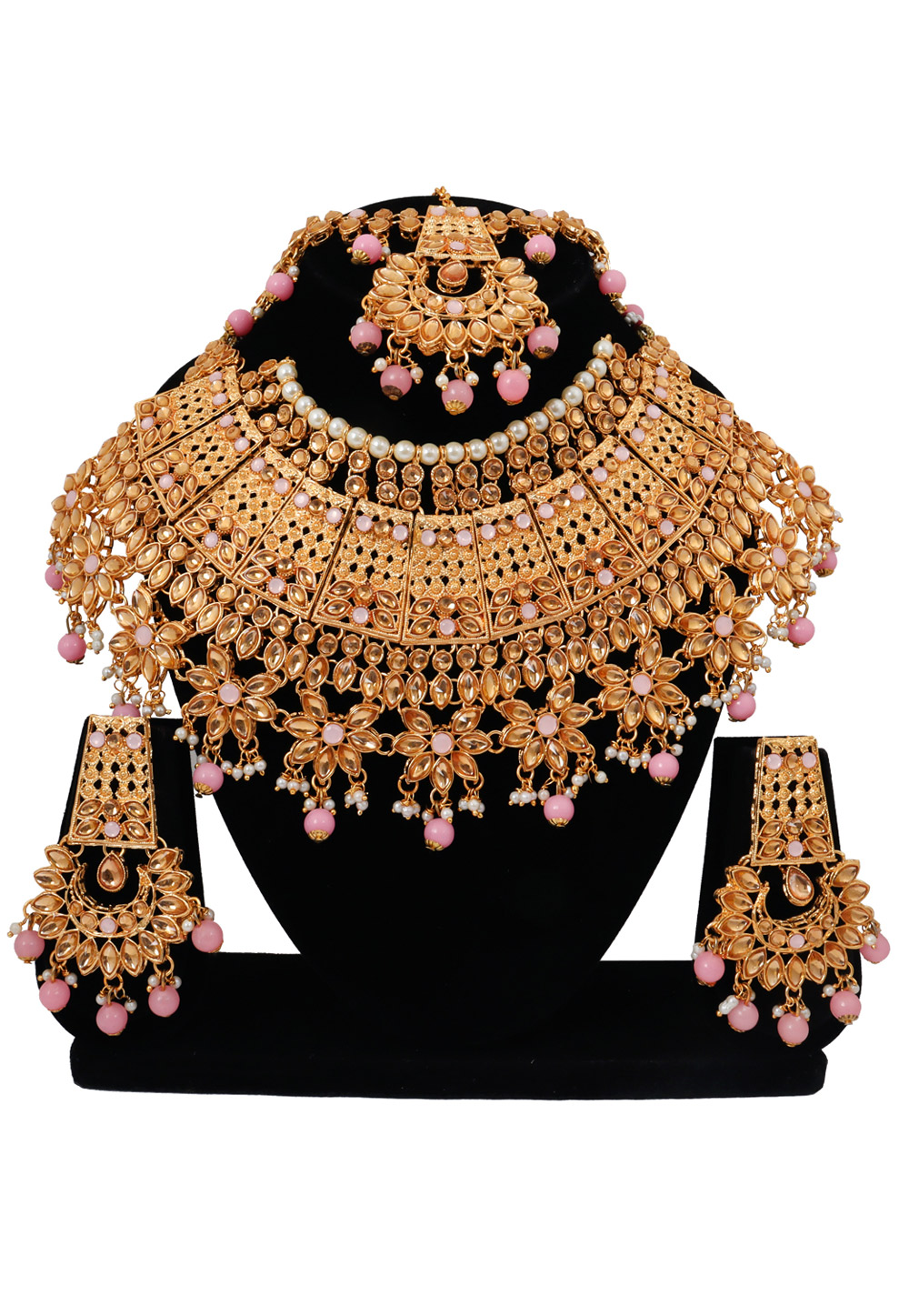 Pink Alloy Austrian Diamonds and Kundan Necklace Set With Earrings and Maang Tikka 272627