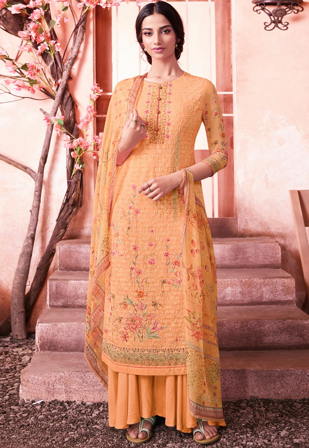 Peach Georgette Kameez With Palazzo 211457