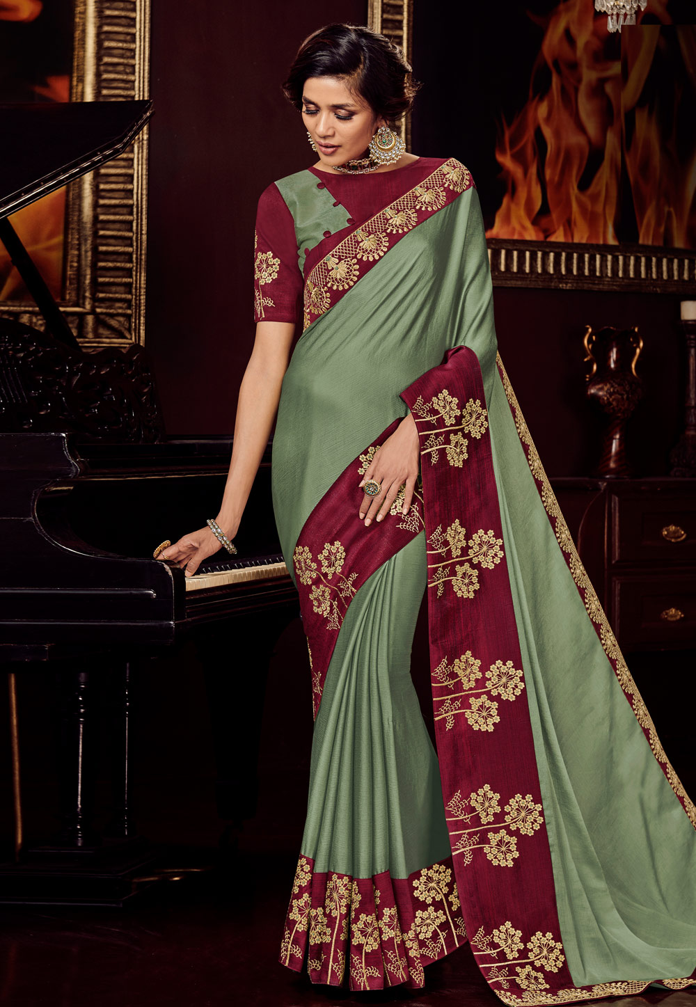 Olive Green Satin Party Wear Saree 161708