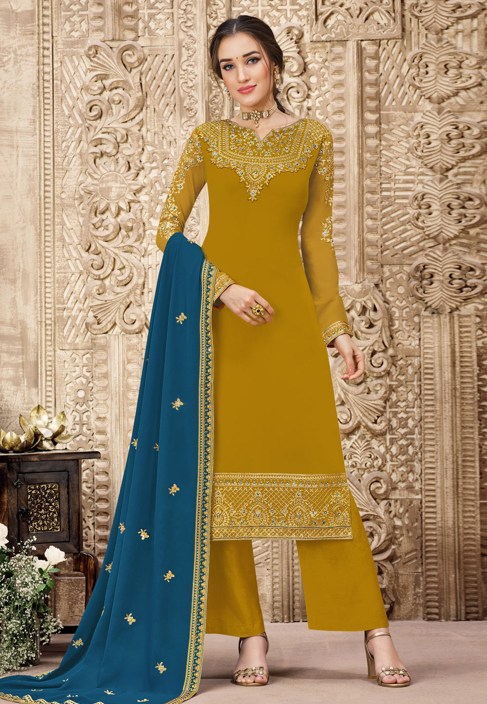 Mustard Georgette Kameez With Palazzo 233944