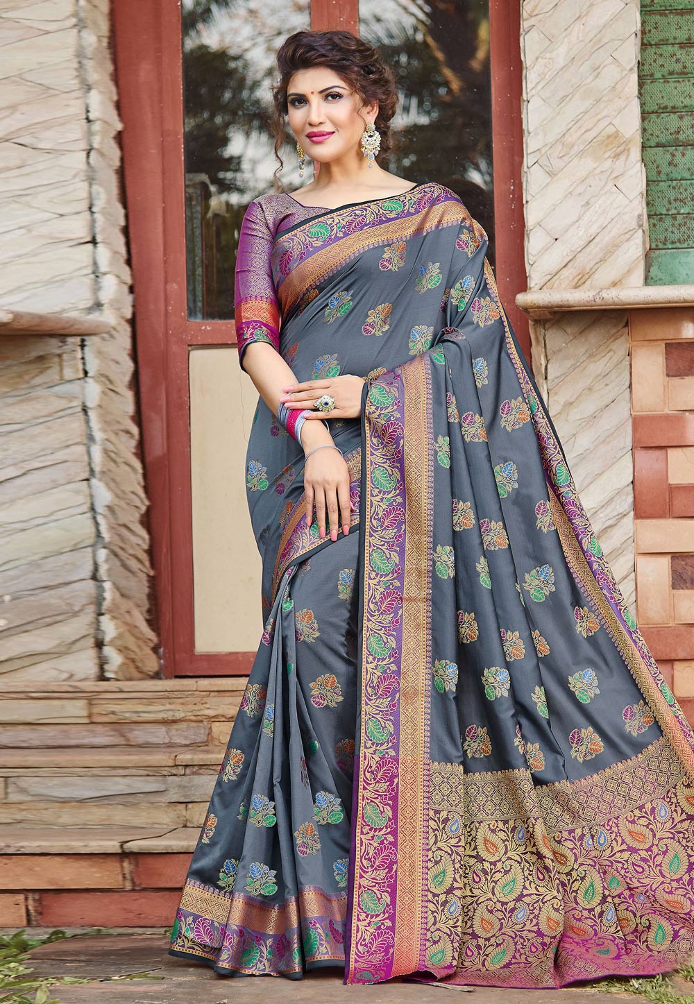 Grey Banarasi Silk Festival Wear Saree 210405