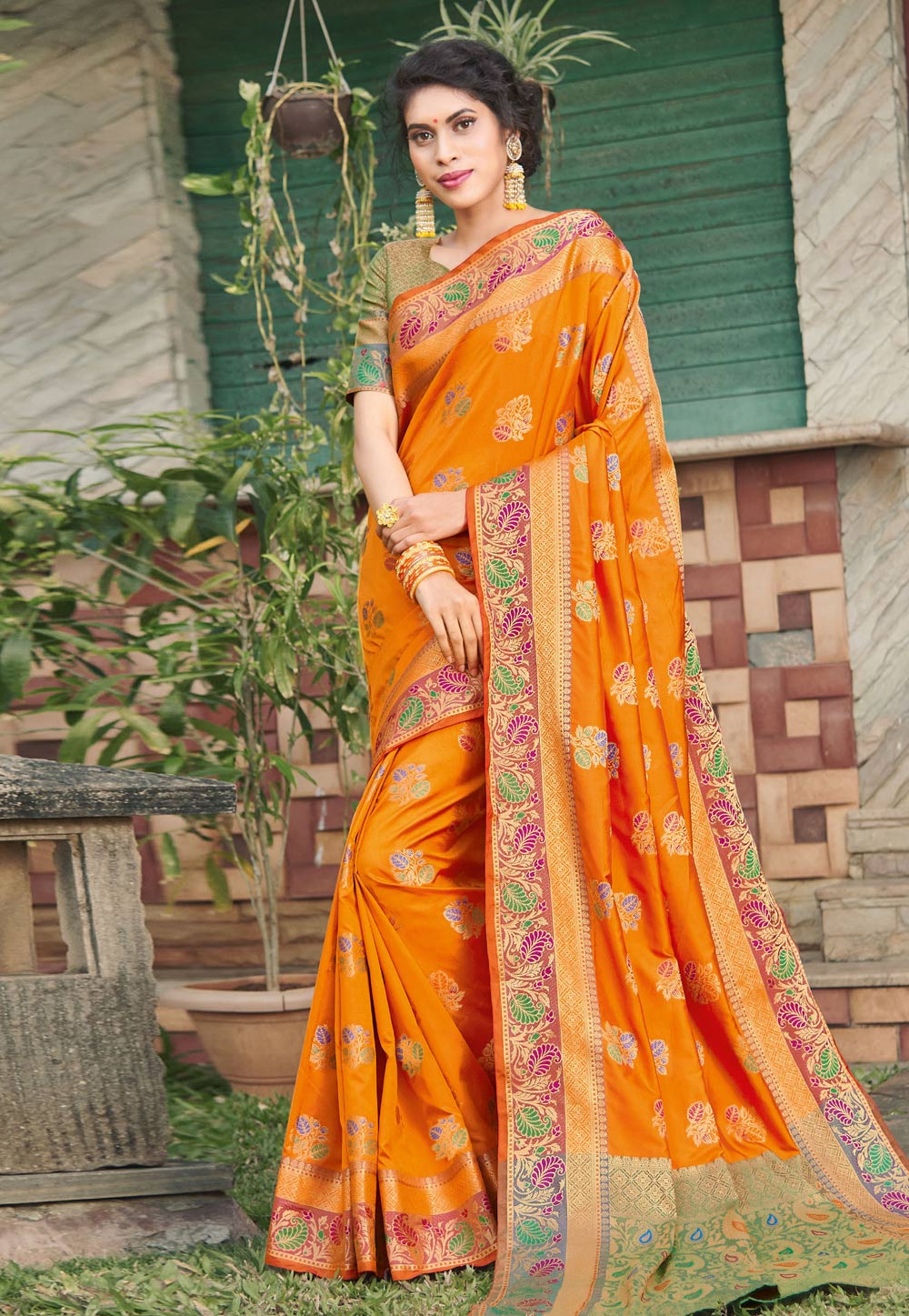 Orange Banarasi Silk Festival Wear Saree 210407
