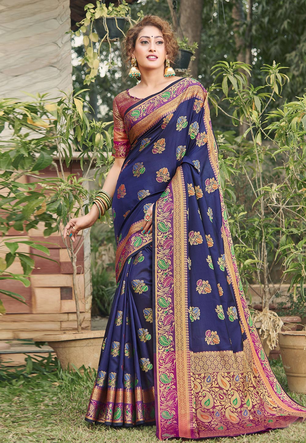 Blue Banarasi Silk Saree With Blouse 210408