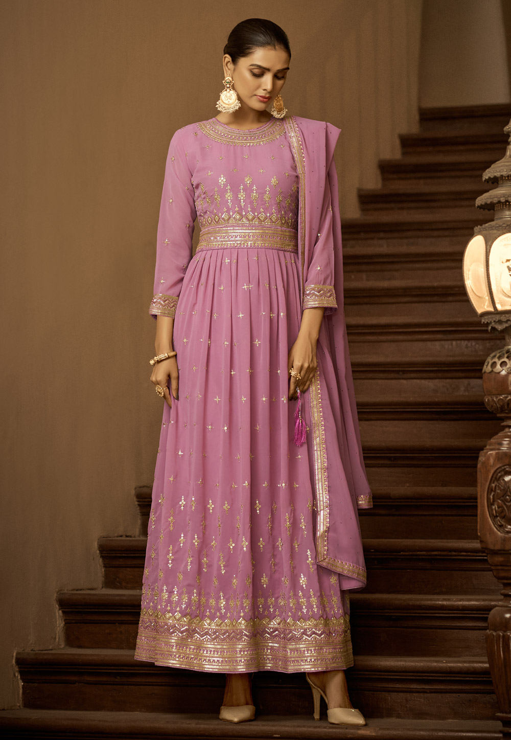 Pink Faux Georgette Abaya Style Anarkali Suit 261100