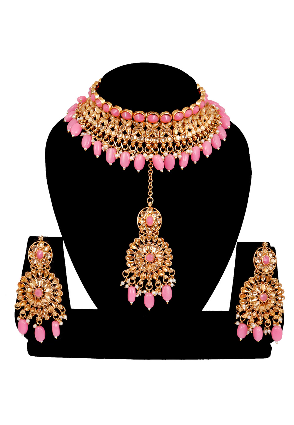 Pink Alloy Austrian Diamonds and Kundan Necklace Set With Earrings and Maang Tikka 272629