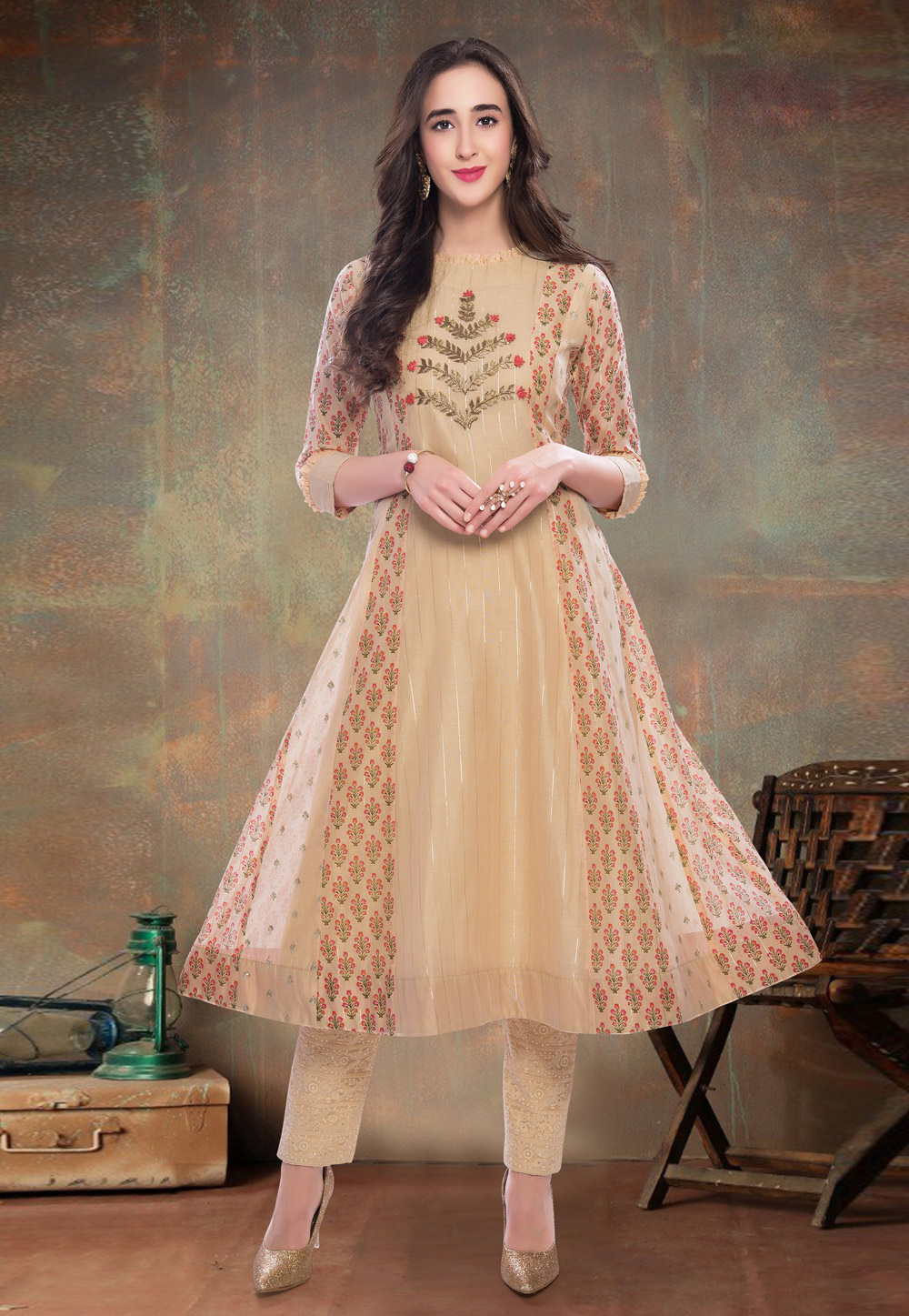 Beige Chanderi Readymade Pant Style Suit 204809