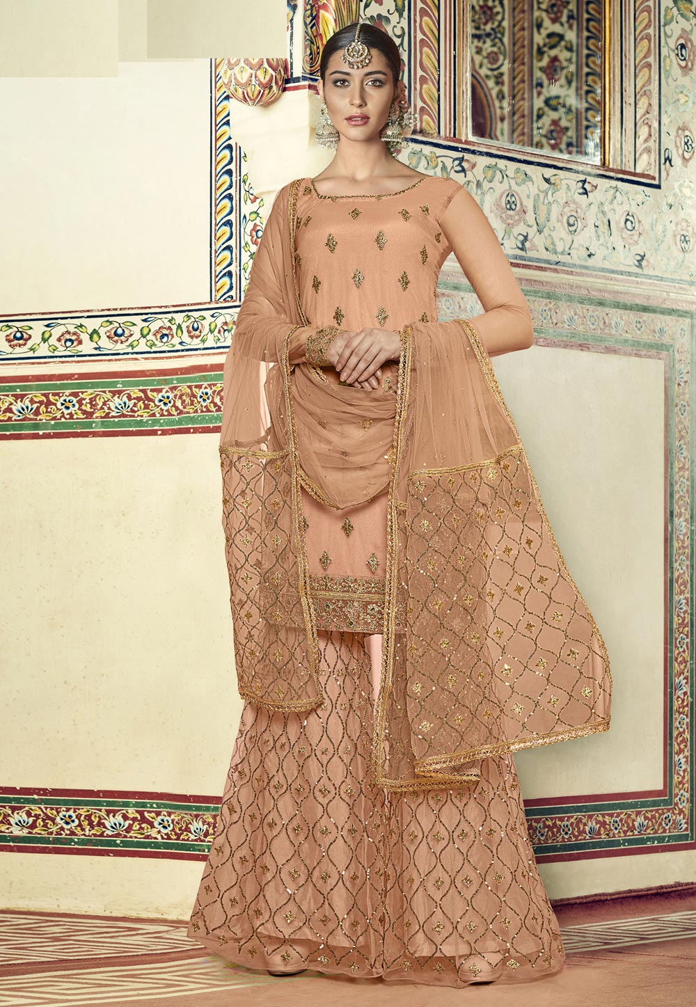 Peach Net Embroidered Sharara Suit 210520