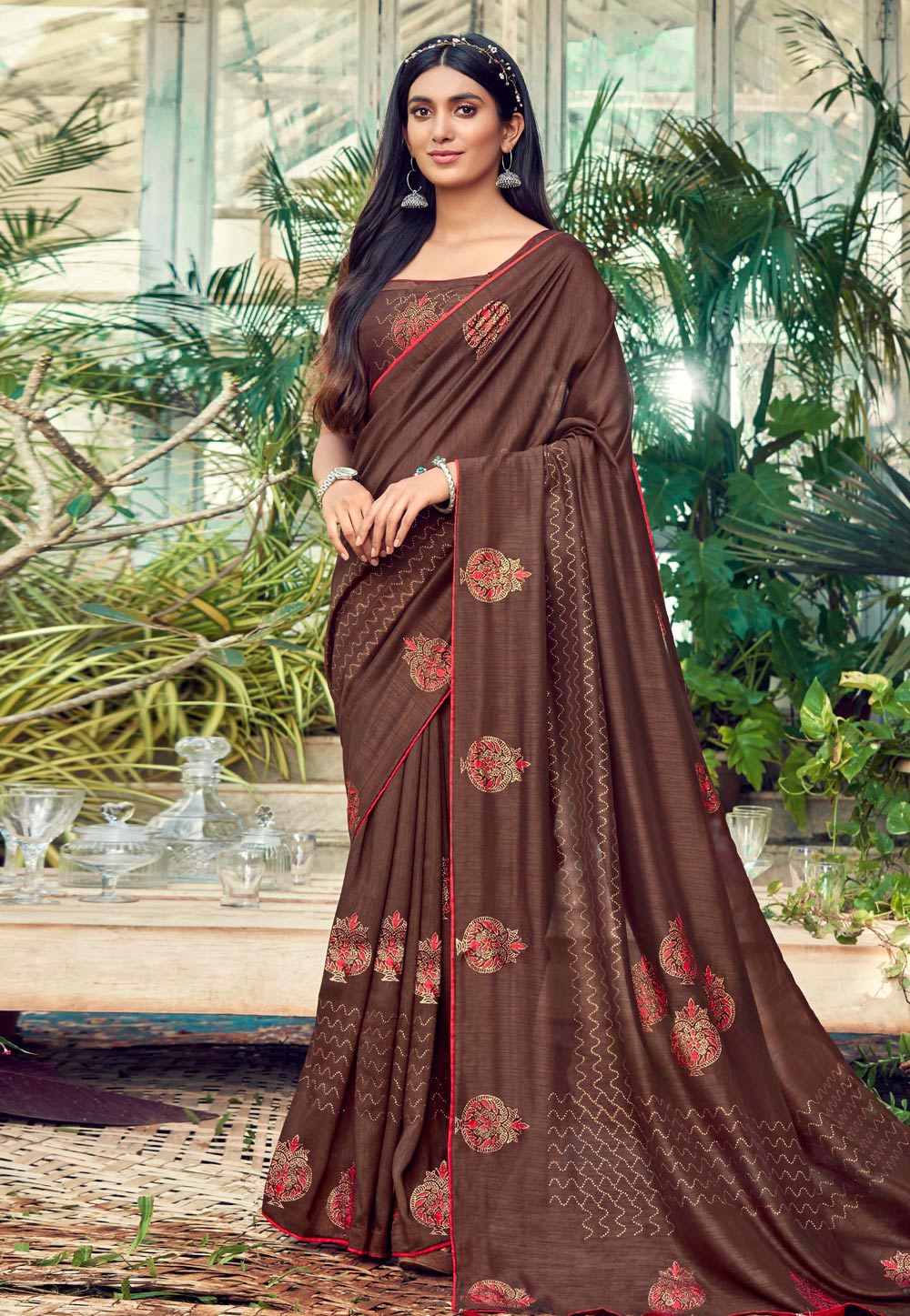 Brown Chanderi Silk Saree With Blouse 210391