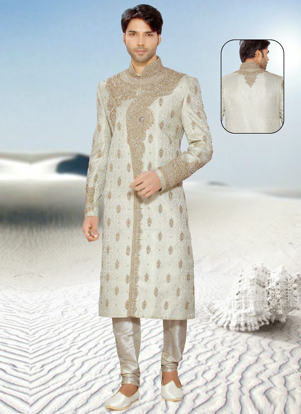 White Silk Indo Western Sherwani 48010