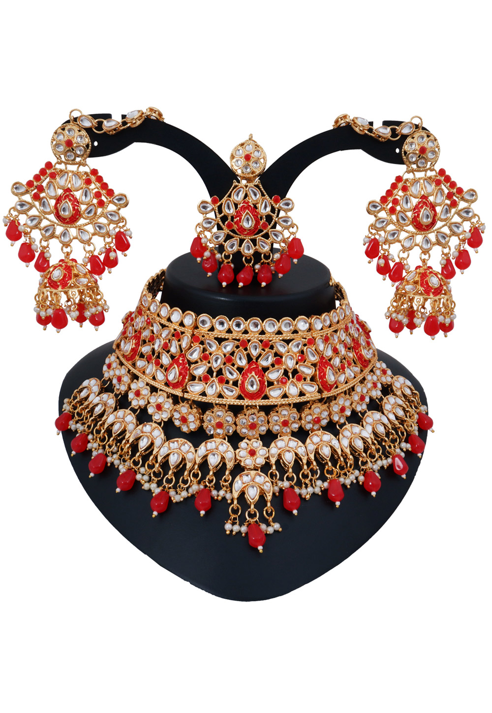 Red Alloy Austrian Diamonds and Kundan Necklace Set With Earrings and Maang Tikka 272630