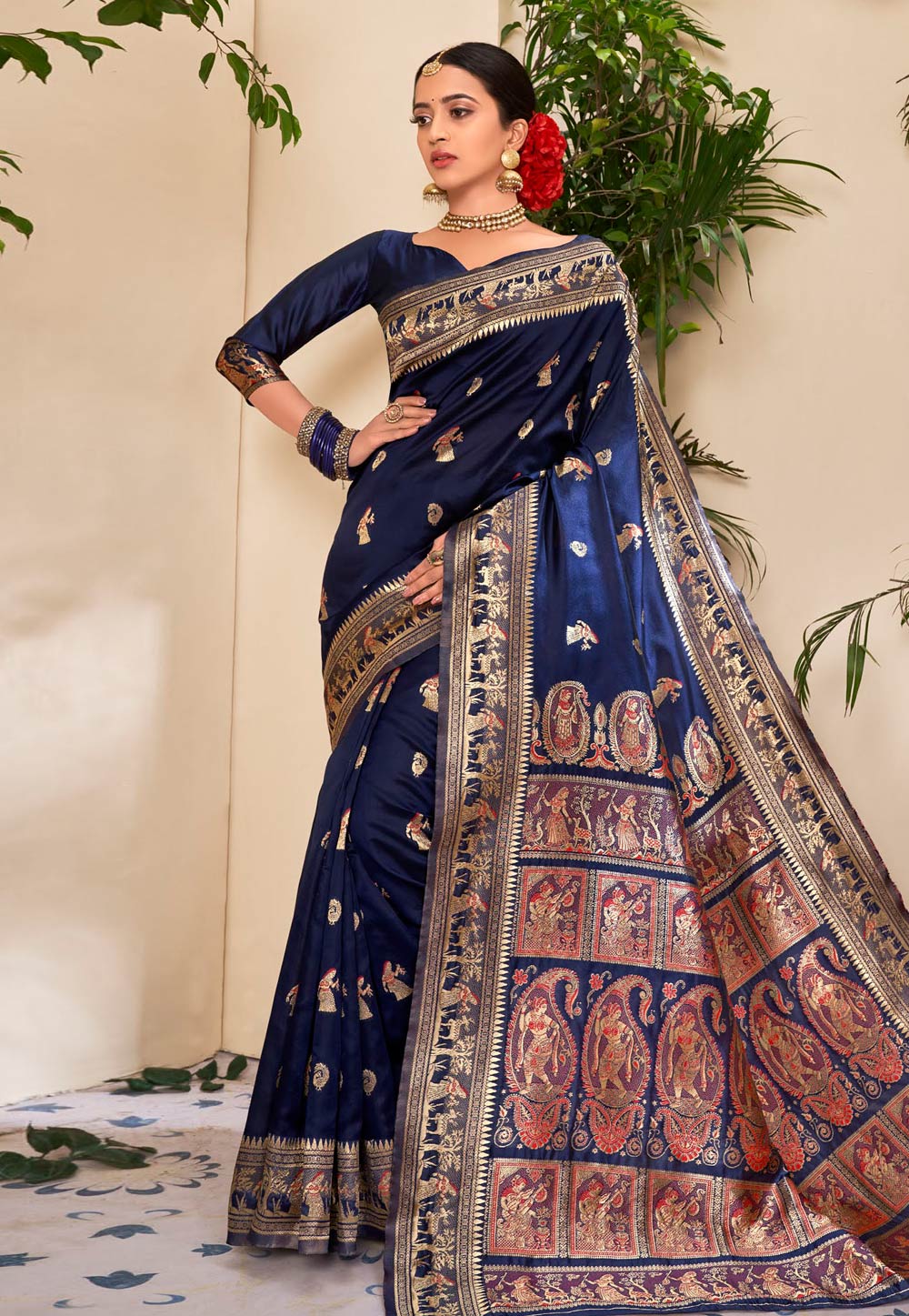 Navy Blue Jacquard Silk Festival Wear Saree 210683