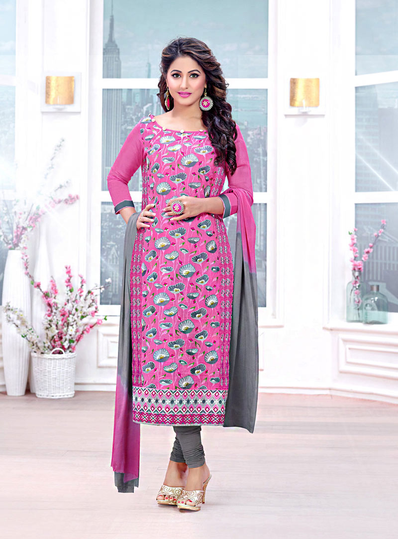 Hina Khan Pink Cambric Cotton Churidar Suit 70262