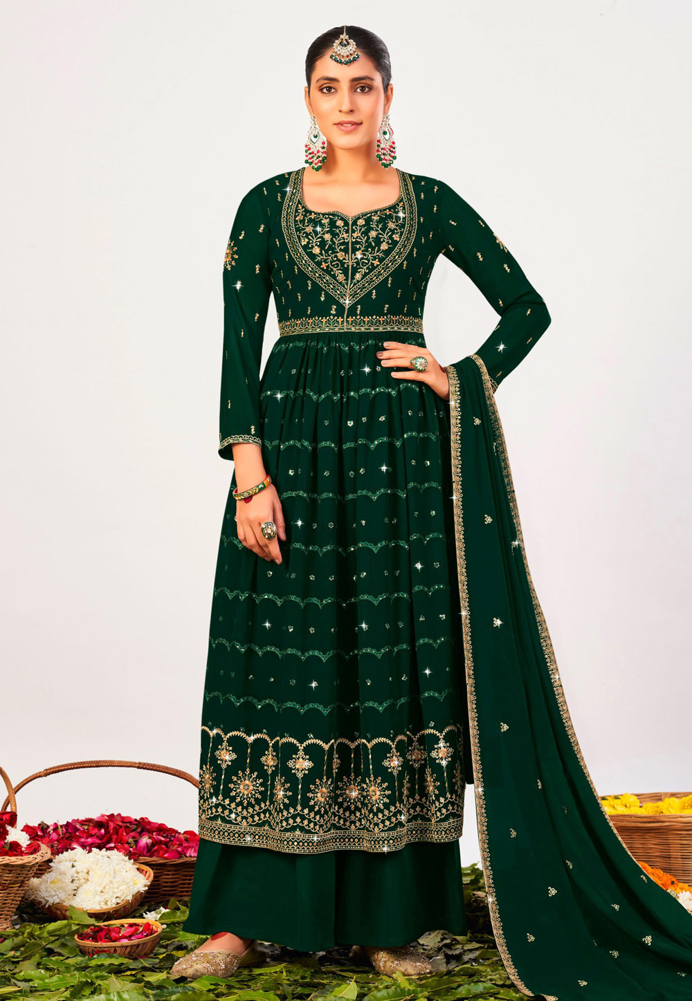 Green Georgette Pakistani Palazzo Suit 273551