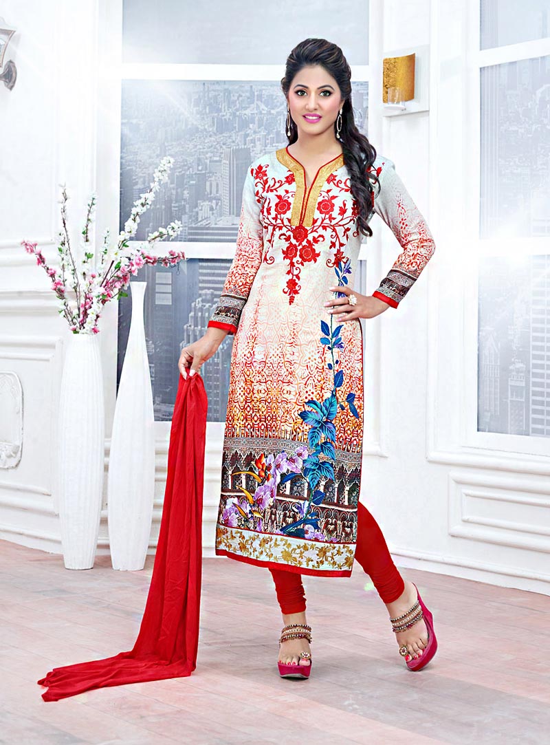 Hina Khan Off White Cambric Cotton Churidar Suit 70264