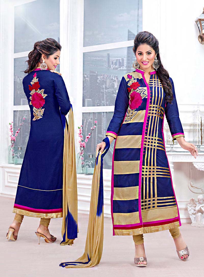 Hina Khan Blue Cambric Cotton Churidar Suit 70267