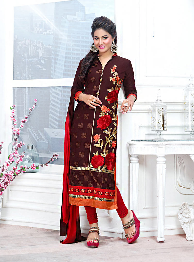 Hina Khan Brown Cambric Cotton Churidar Suit 70268