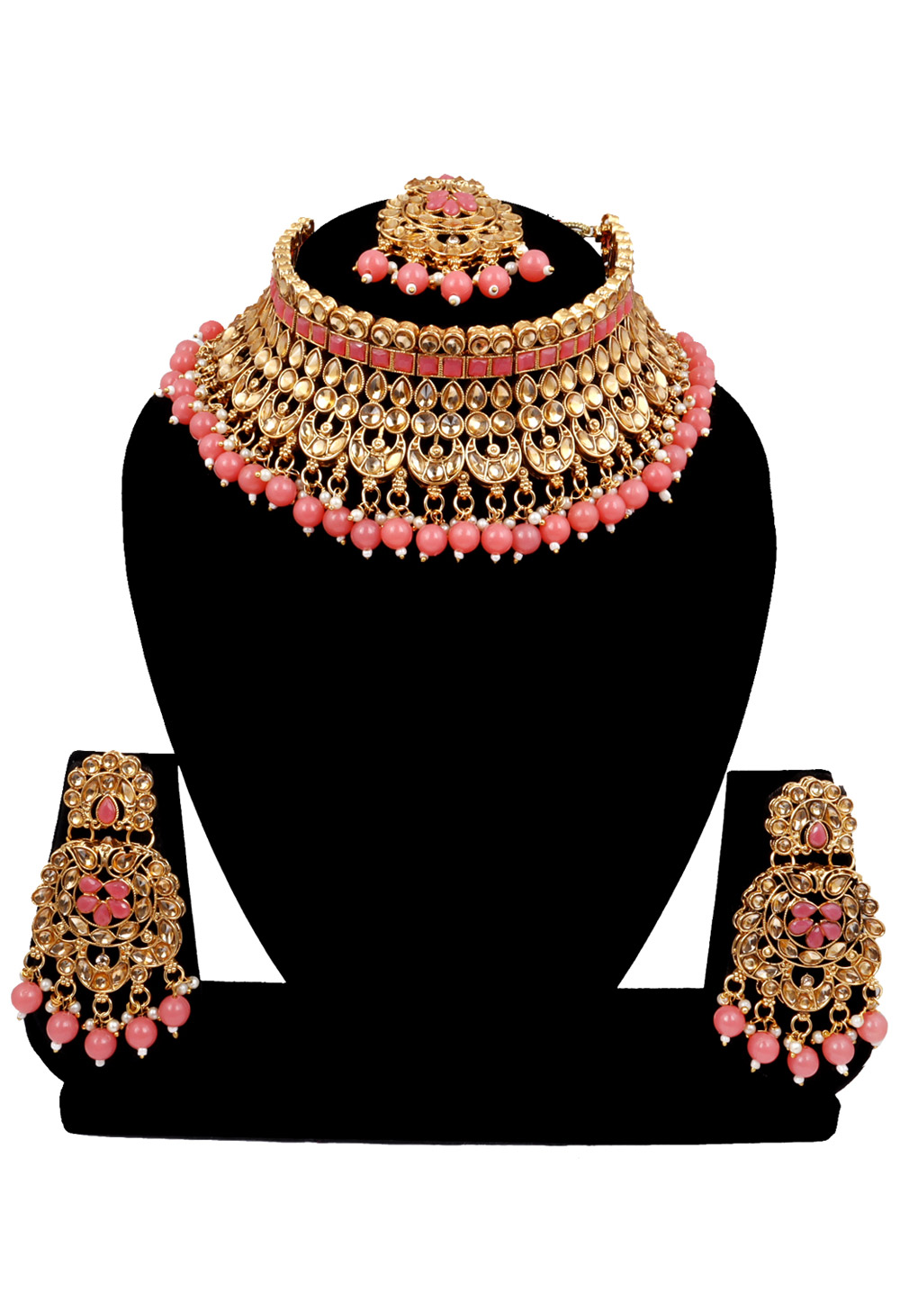 Pink Alloy Austrian Diamonds and Kundan Necklace Set With Earrings and Maang Tikka 272632