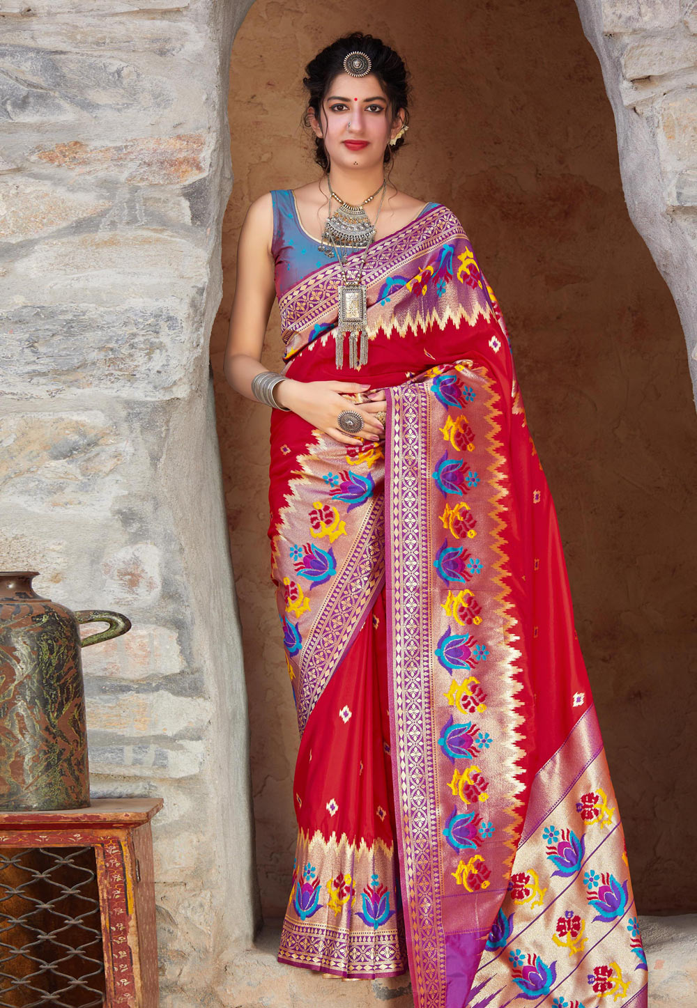 Red Silk Resham Work Paithani Saree 211176