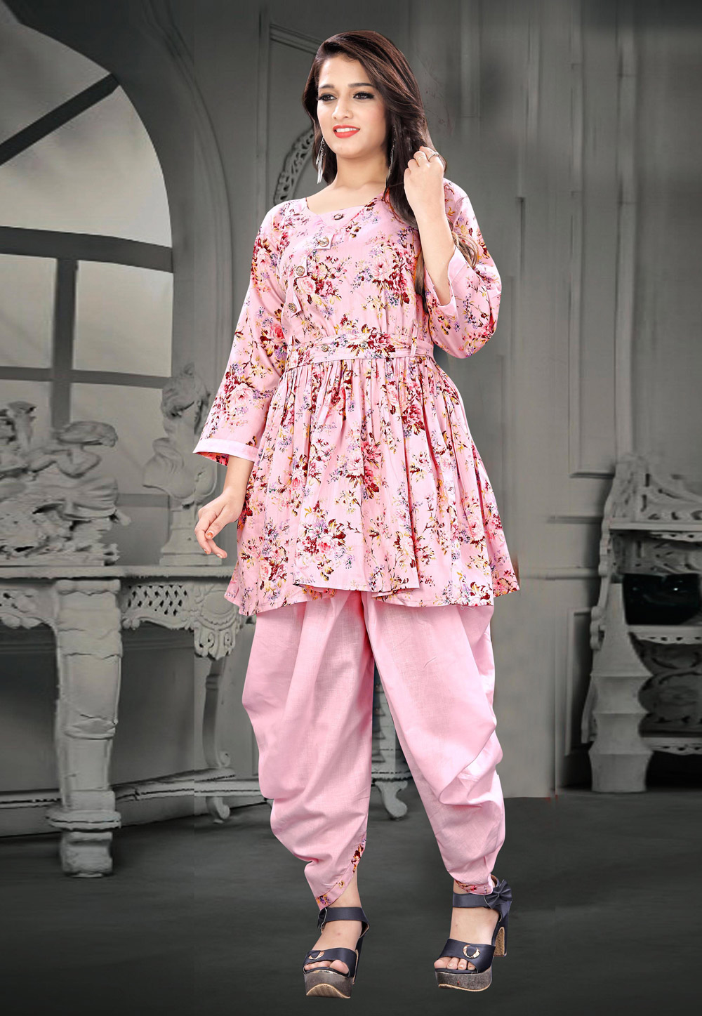Light Pink Cotton Readymade Kurta Set With Dhoti 211158