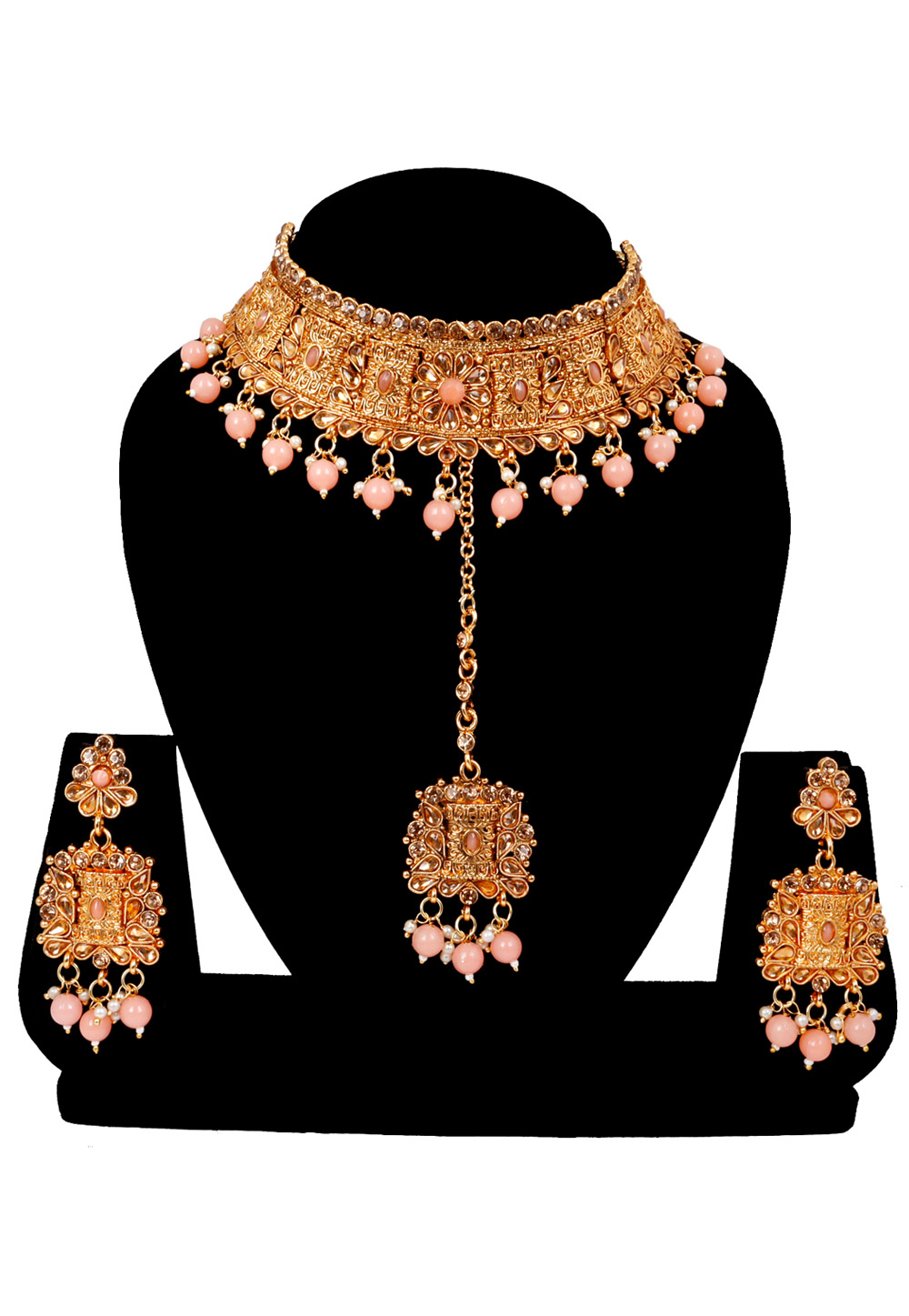 Peach Alloy Austrian Diamonds and Kundan Necklace Set With Earrings and Maang Tikka 272633