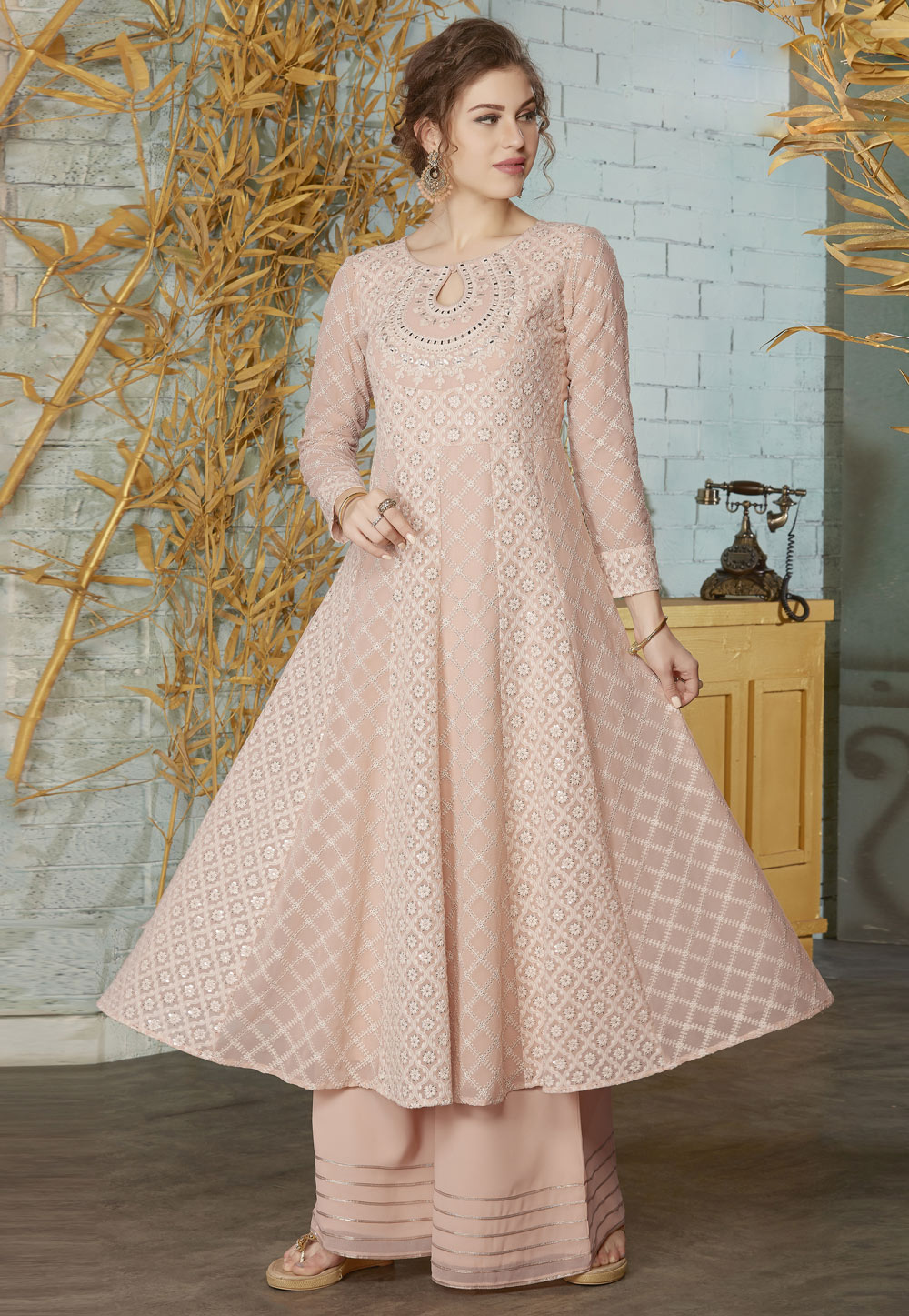 Peach Georgette Palazzo Suit 204814