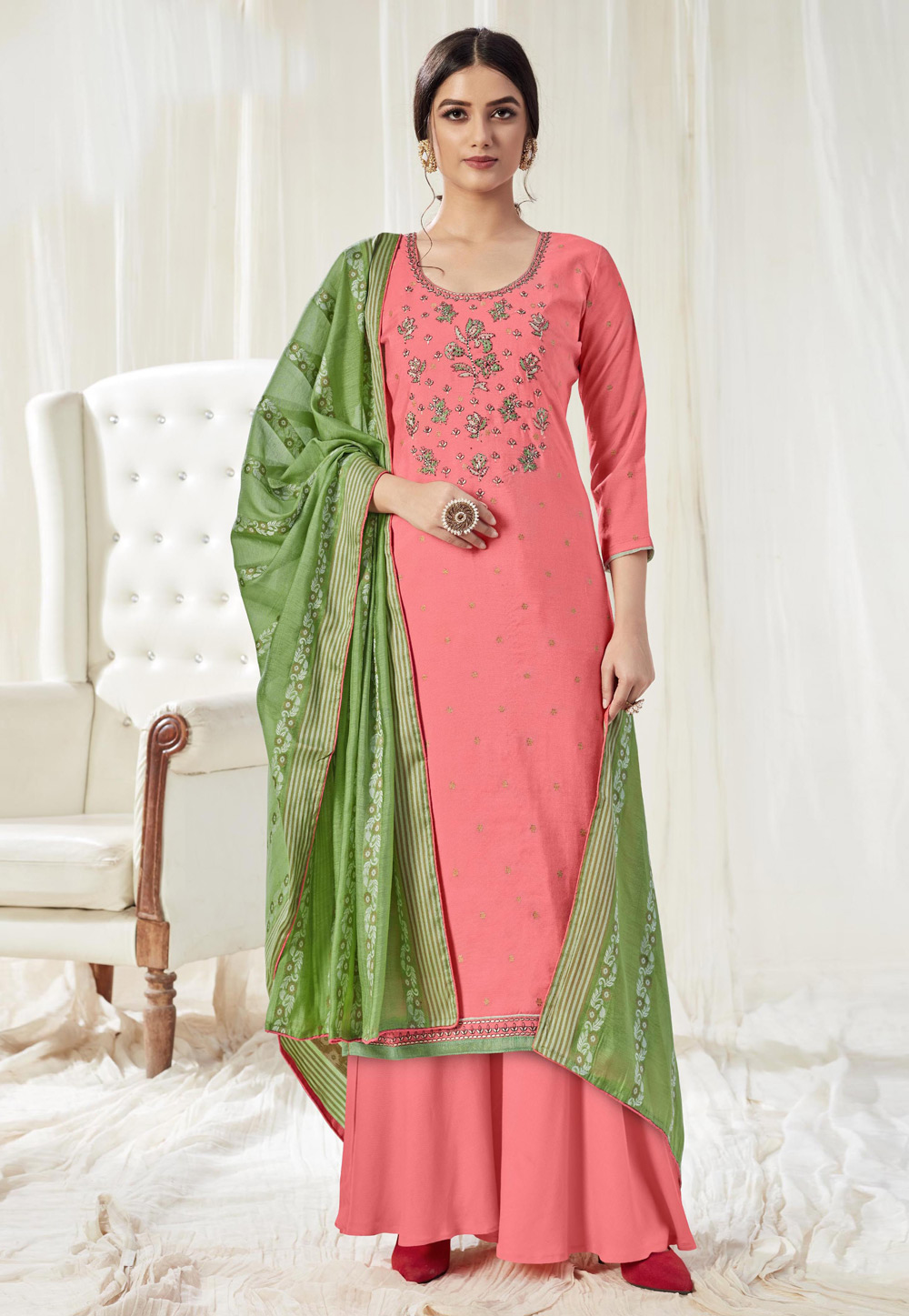 Pink Cotton Kameez With Palazzo 211341