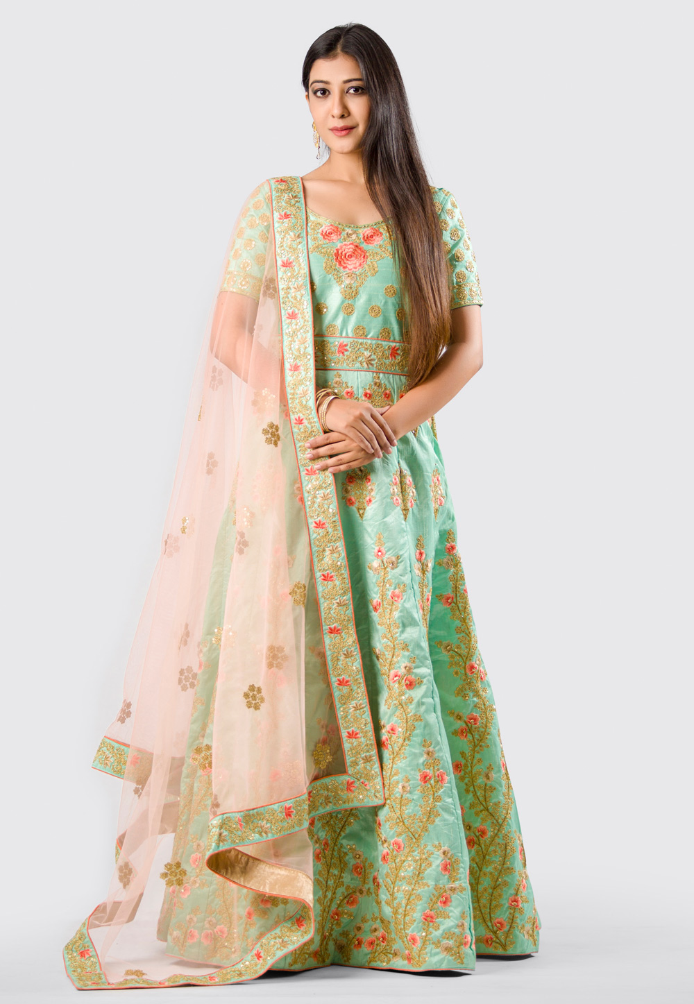 Sea Green Silk Anarkali Suit With Embroidery Work 154589