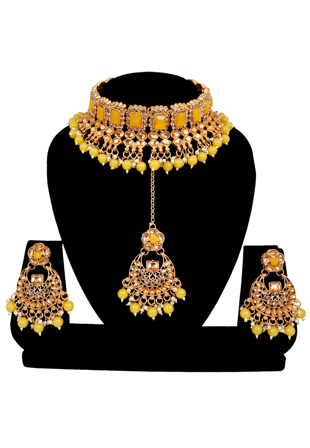 Yellow Alloy Austrian Diamonds and Kundan Necklace Set With Earrings and Maang Tikka 272634