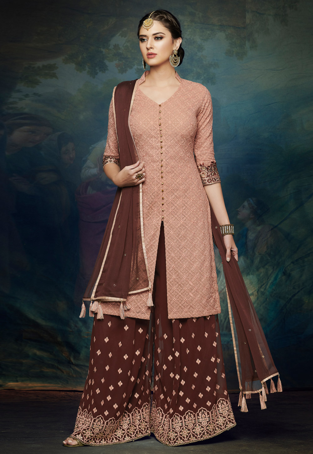 Peach Georgette Kameez With Palazzo 164293