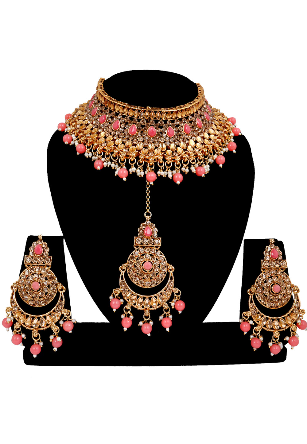 Pink Alloy Austrian Diamonds and Kundan Necklace Set With Earrings and Maang Tikka 272635