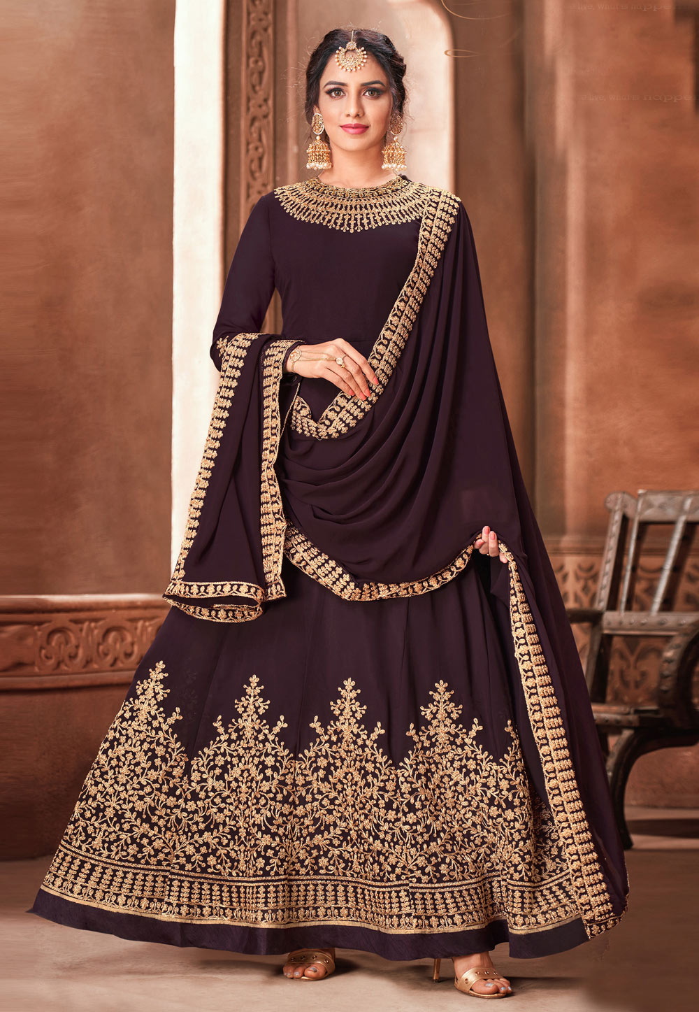 Wine Georgette Embroidered Ankle Length Anarkali Suit 211594
