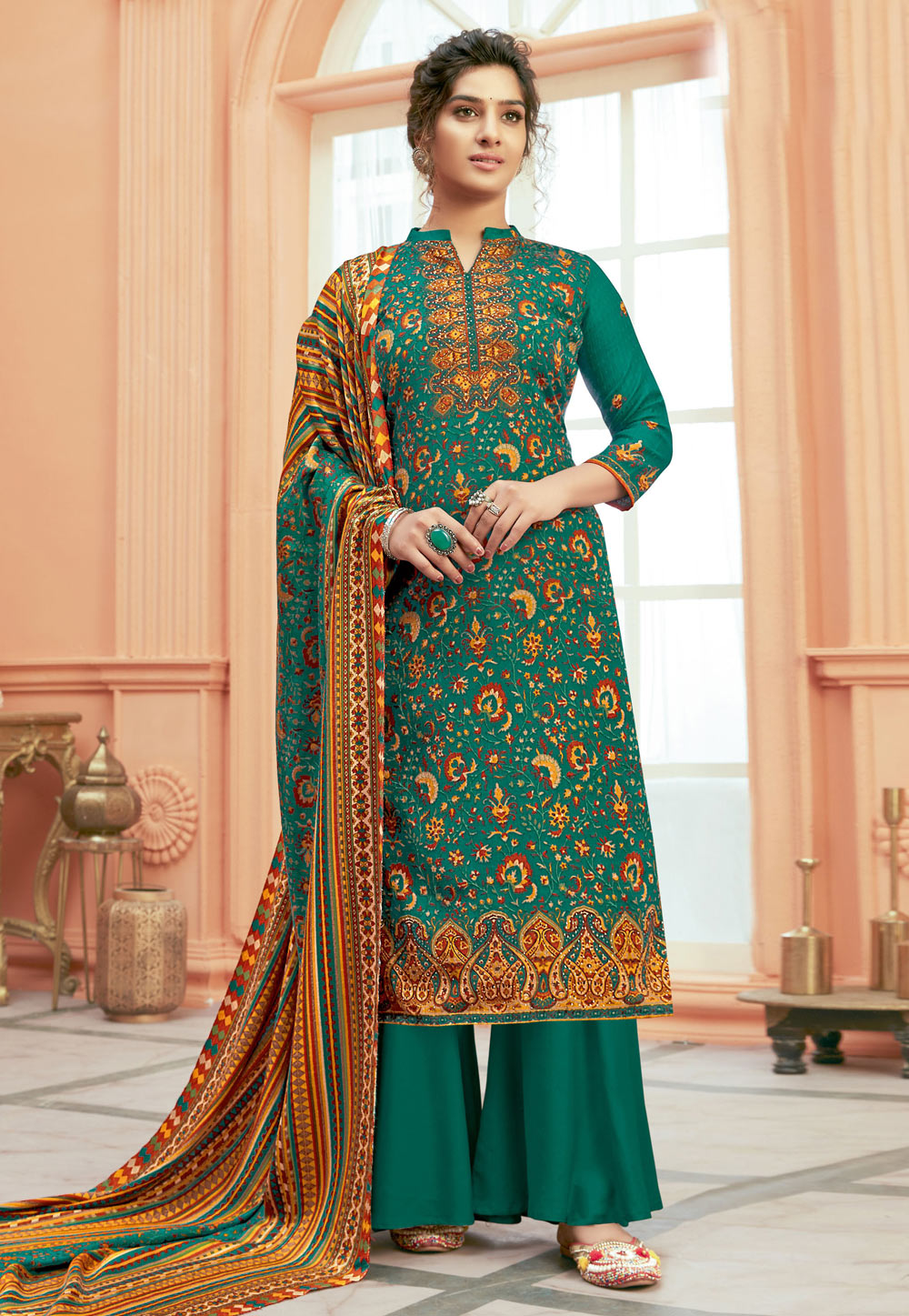 Green Pashmina Kameez With Palazzo 211672