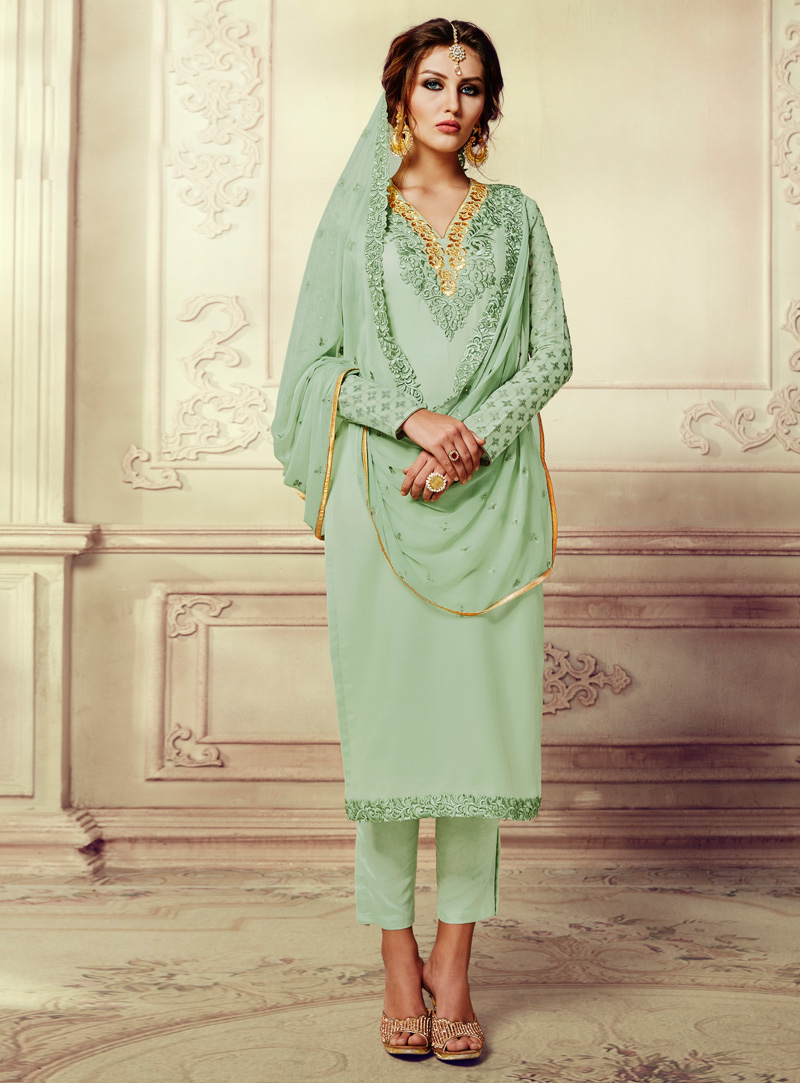Sea Green Georgette Pant Style Suit 124393