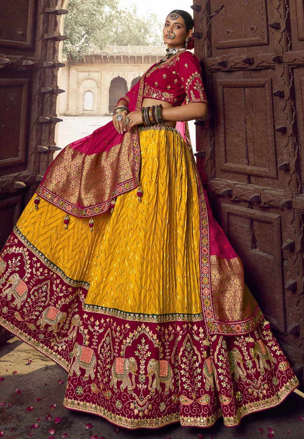 Maroon Lehenga Choli set with Yellow Dupatta. UK - LC3631