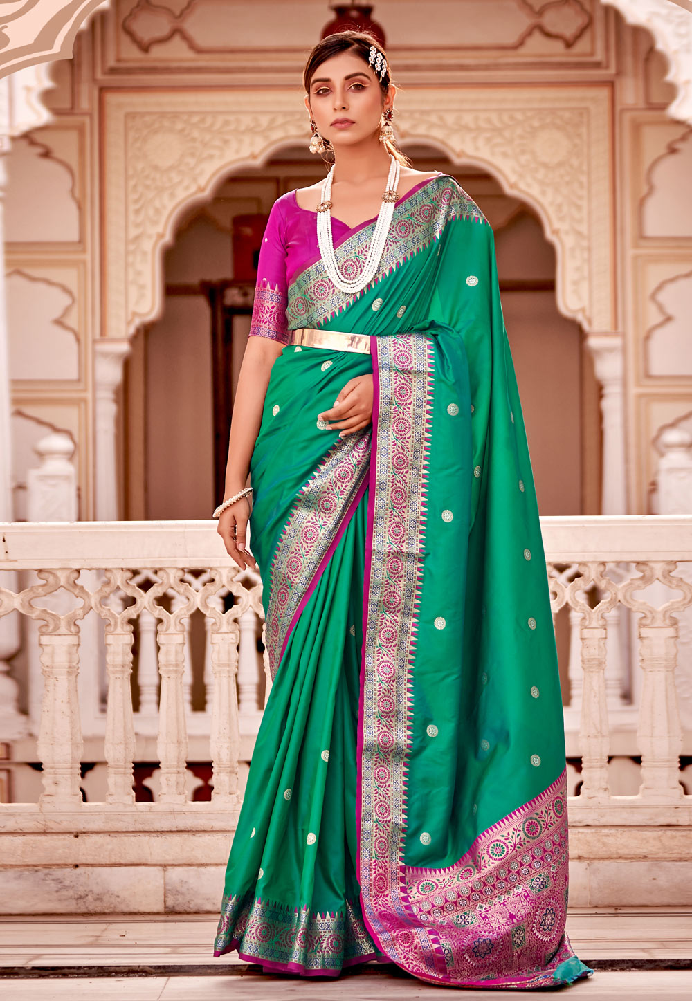 Sea Green Banarasi Silk Saree With Blouse 261321
