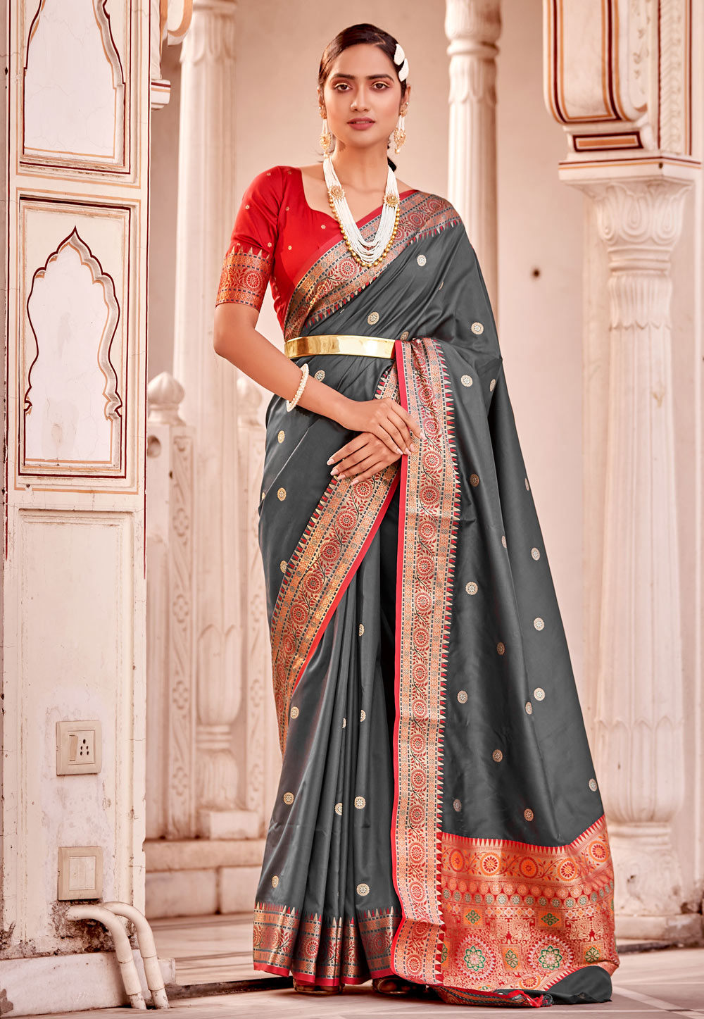 Grey Banarasi Silk Saree With Blouse 261322