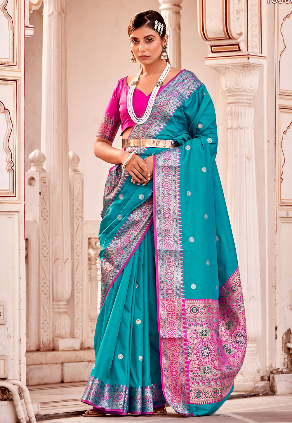 Sky Blue Banarasi Silk Saree With Blouse 261323