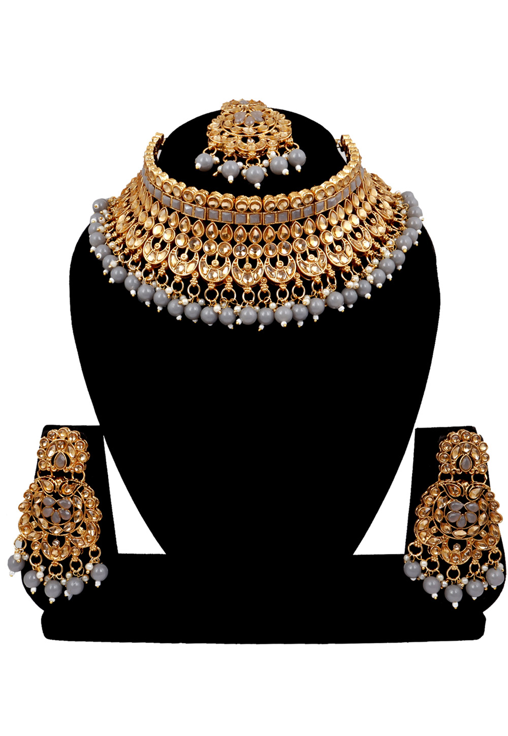 Grey Alloy Austrian Diamonds and Kundan Necklace Set With Earrings and Maang Tikka 272636