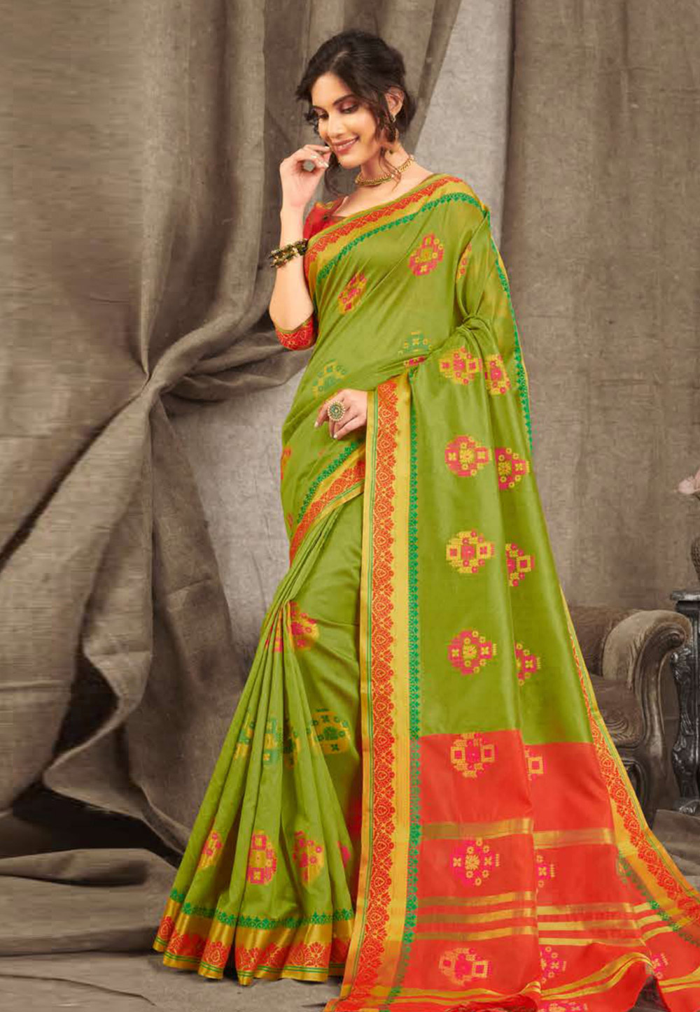 Green Cotton Maheshwari Saree With Blouse 211800