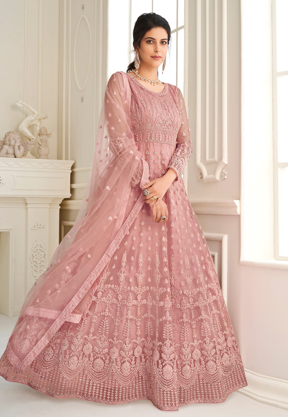 Pink Net Embroidered Long Anarkali Suit 225269