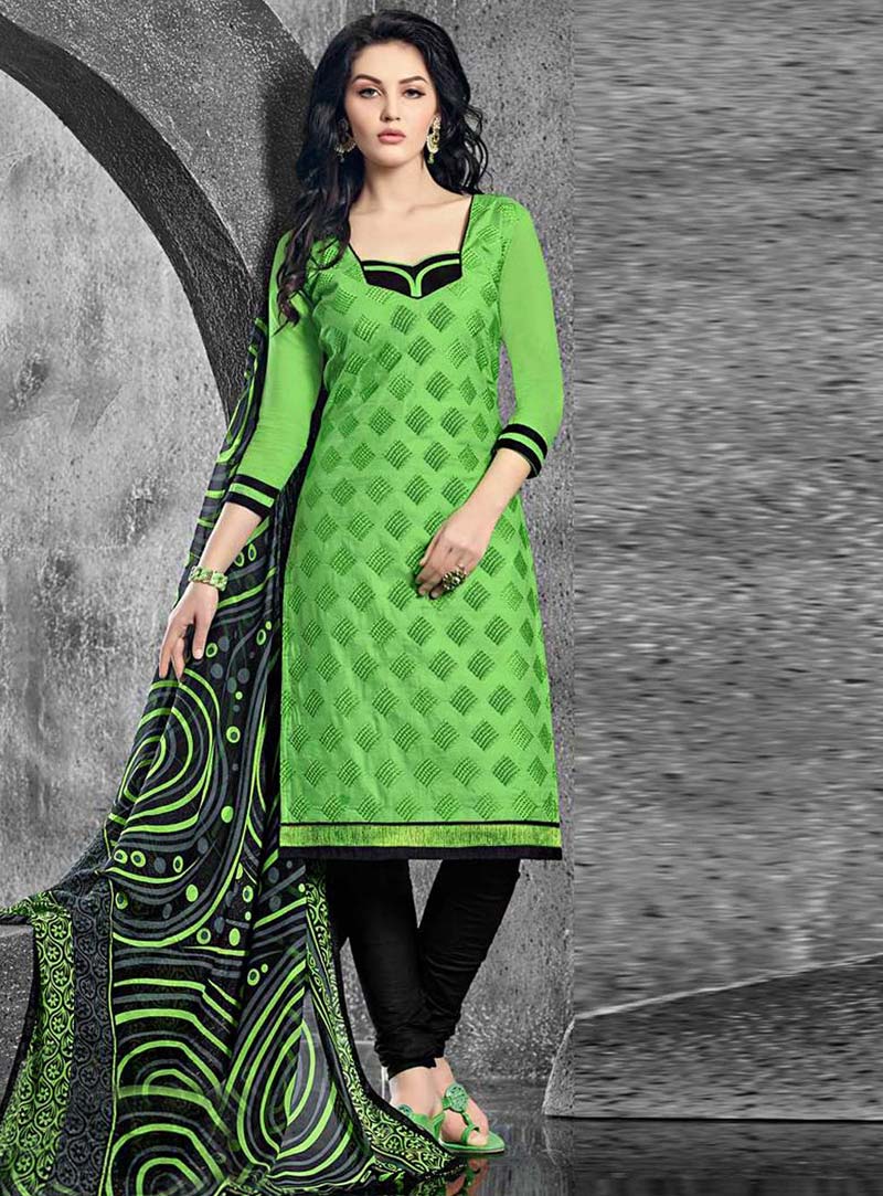 Green Cotton Unstitched Churidar Suit 73405