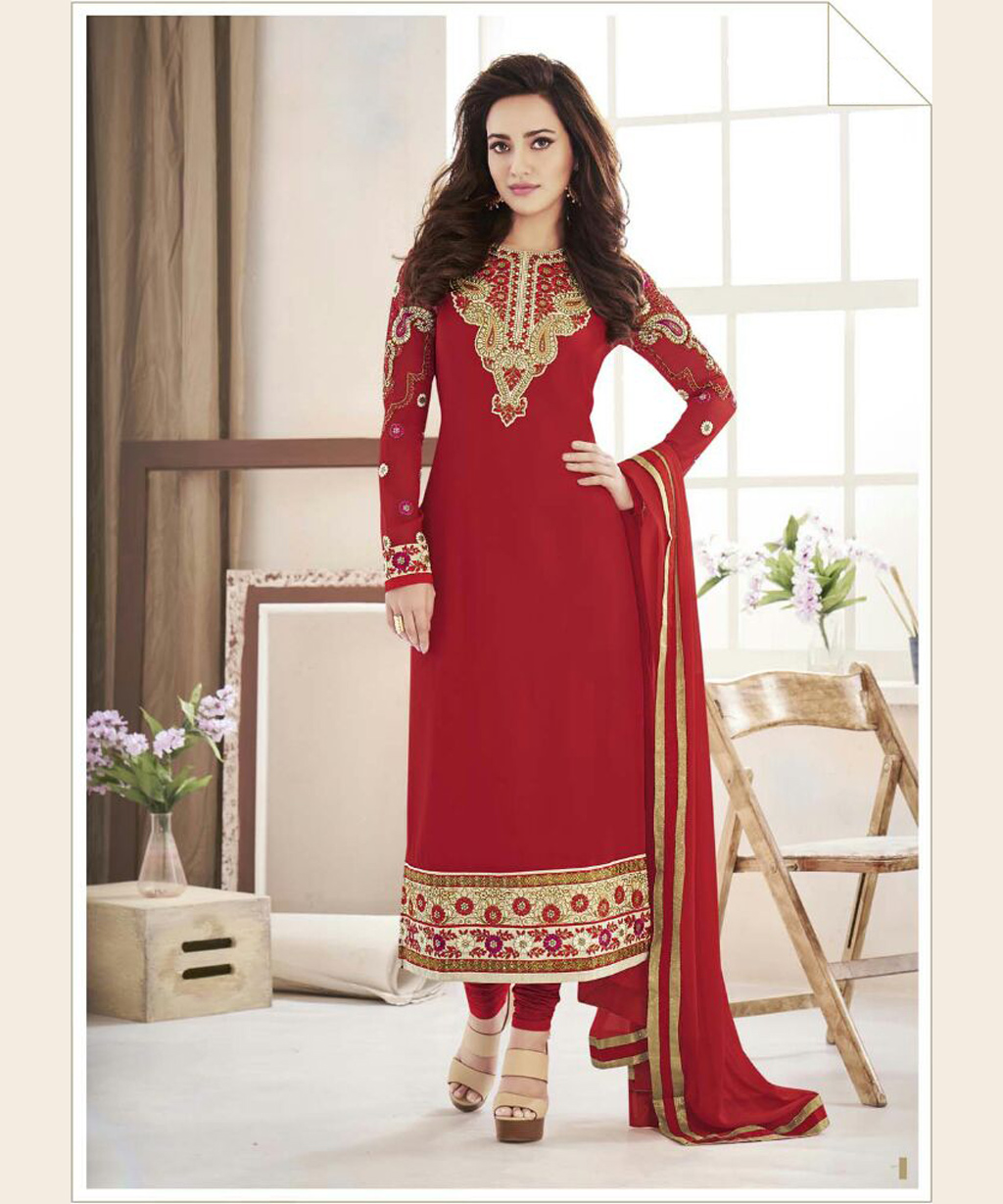 Neha Sharma Red Faux Georgette Churidar Suit 67386