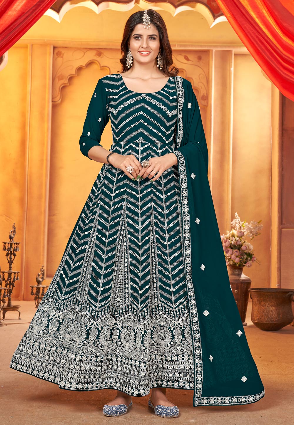 Teal Faux Georgette Embroidered Long Anarkali Suit 265628