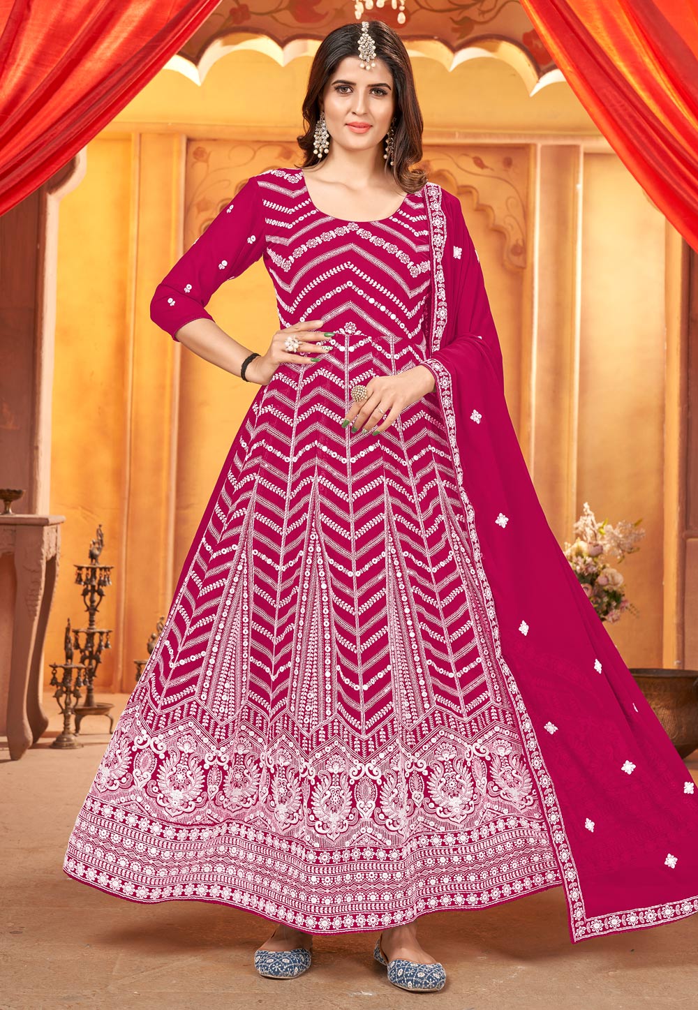 Pink Faux Georgette Embroidered Abaya Style Anarkali Suit 265629