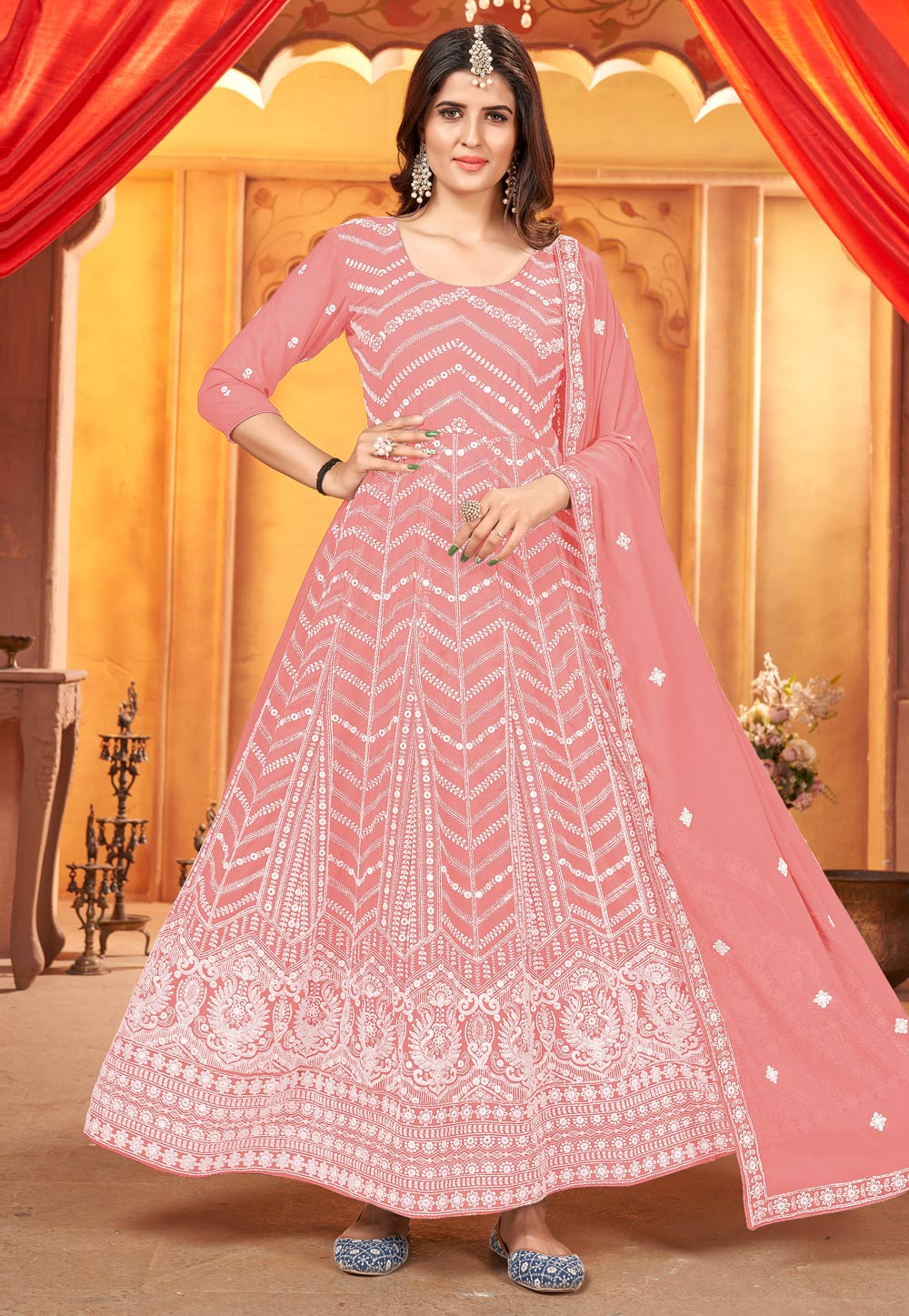 Light Pink Faux Georgette Embroidered Abaya Style Anarkali Suit 265631