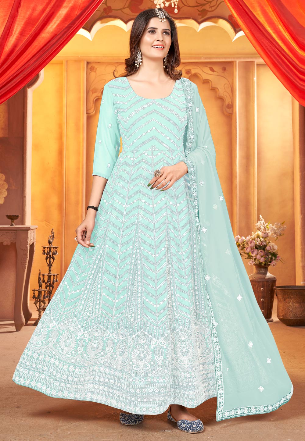 Sky Blue Faux Georgette Embroidered Long Anarkali Suit 265632