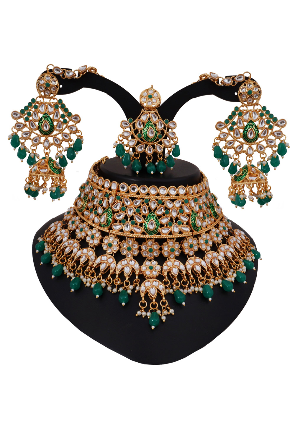 Green Alloy Austrian Diamonds and Kundan Necklace Set With Earrings and Maang Tikka 272637
